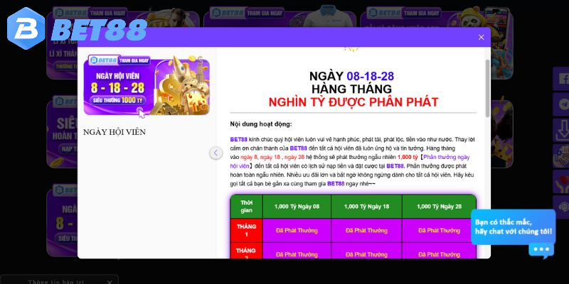 Hội viên sẽ được nhận thưởng vào các ngày 8, 18 và 28
